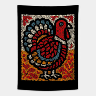 Folk Turkey Design – Thanksgiving & Farm Animal Art Tapestry