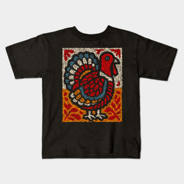 Folk Turkey Design – Thanksgiving & Farm Animal Art Kids T-Shirt by TuncGK