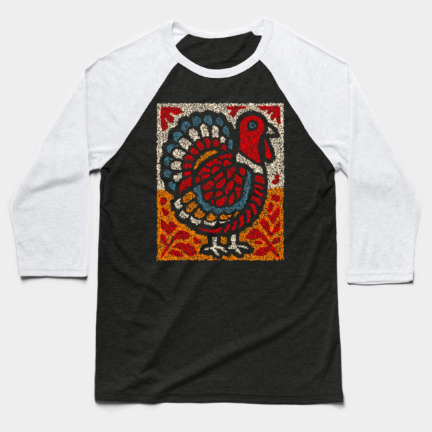 Folk Turkey Design – Thanksgiving & Farm Animal Art Baseball T-Shirt by TuncGK