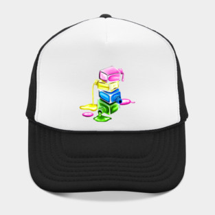 A vibrant composition of layered neon nail polish spills in pink, yellow, green, and blue Hat