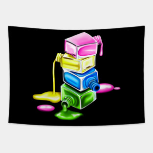 A vibrant composition of layered neon nail polish spills in pink, yellow, green, and blue Tapestry