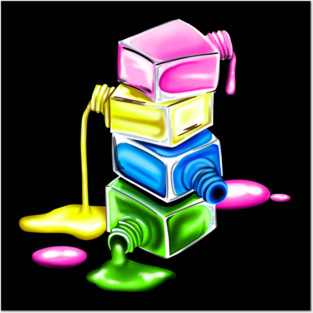 A vibrant composition of layered neon nail polish spills in pink, yellow, green, and blue Posters and Art