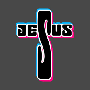 Retro 3D "JESUS" Cross Art – Vibrant Christian Faith Pink and Blue T-Shirt