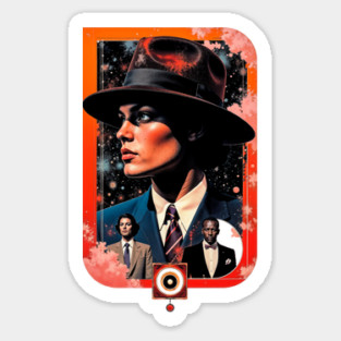 REVISTANGO #525 - Cosmic Starfield Behind Woman in Fedora and Blue Suit with Mechanical Eye Symbol Detail Sci-Fi Noir Sticker