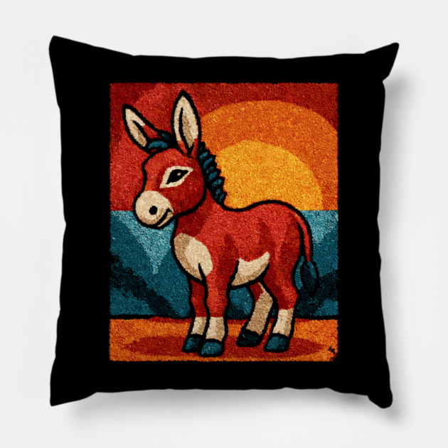 Sunset Donkey Stroll | Folk Art Tribal Pillow by TuncGK