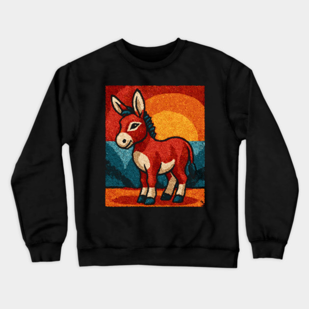 Sunset Donkey Stroll | Folk Art Tribal Crewneck Sweatshirt by TuncGK