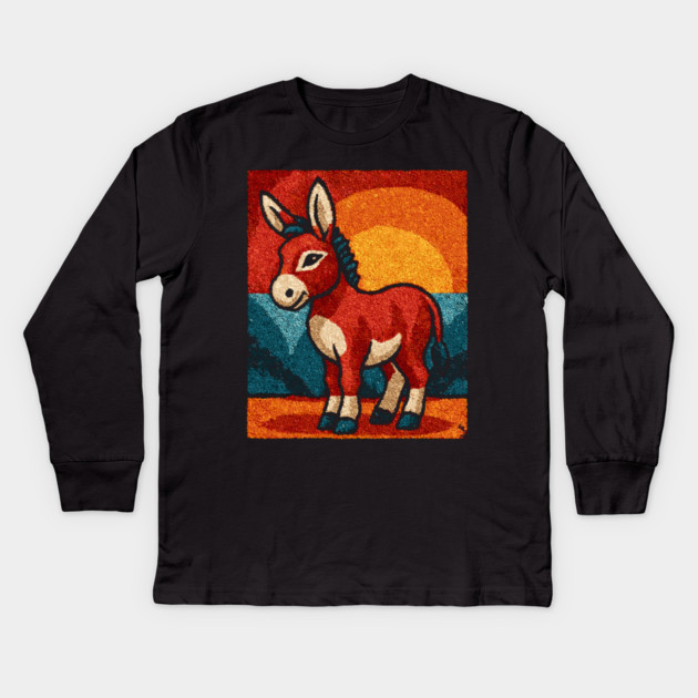 Sunset Donkey Stroll | Folk Art Tribal Kids Long Sleeve T-Shirt by TuncGK