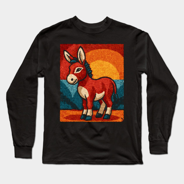 Sunset Donkey Stroll | Folk Art Tribal Long Sleeve T-Shirt by TuncGK