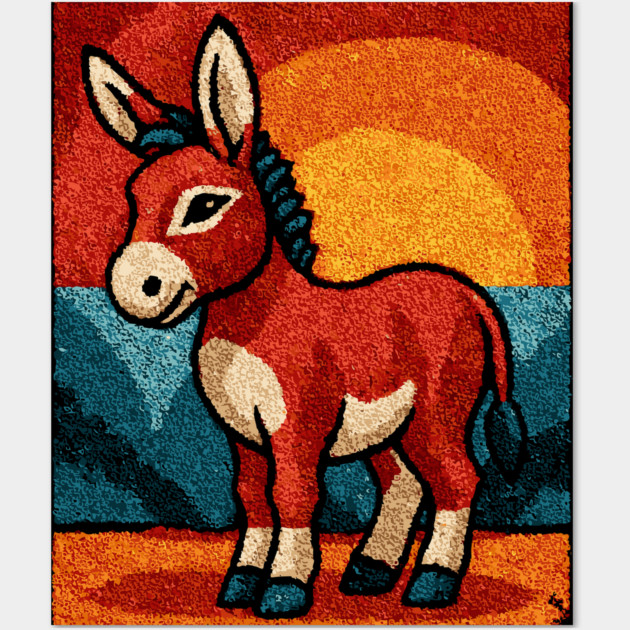 Sunset Donkey Stroll | Folk Art Tribal Wall Art by TuncGK