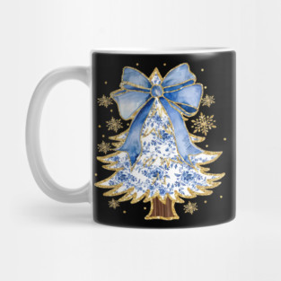 Blue Chinoiserie Christmas Tree With Gold Glitter Bow And Festive Snowflakes Mug