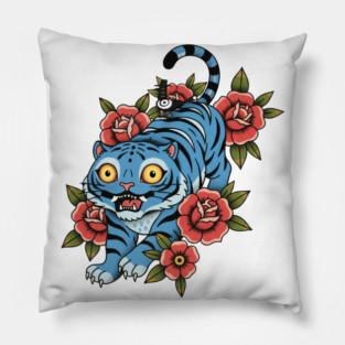 Derpy tiger with  friend bird tatoo style Pillow