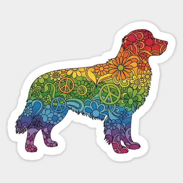 Floral Rainbow Golden Retriever – Peace & Love Dog Silhouette Sticker by Designed By Marty