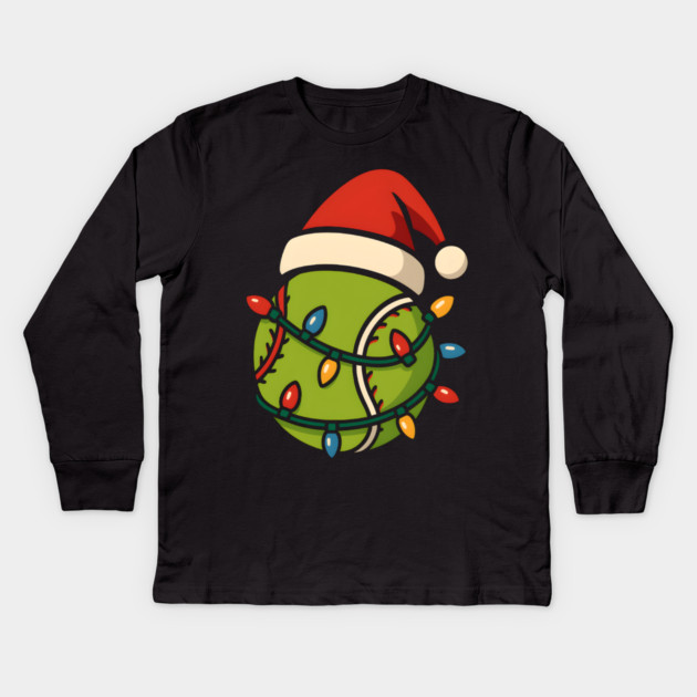 Christmas Baseball Funny Holiday Lights Santa Hat Graphic Kids Long Sleeve T-Shirt by MakerMind8.2
