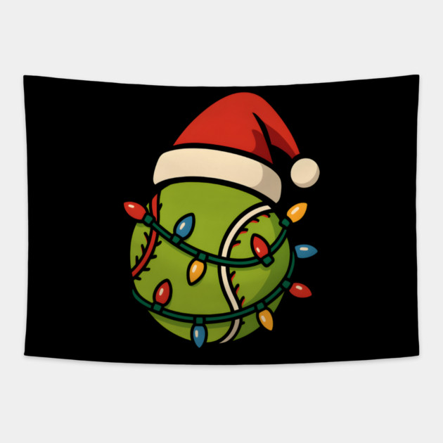 Christmas Baseball Funny Holiday Lights Santa Hat Graphic Tapestry by MakerMind8.2