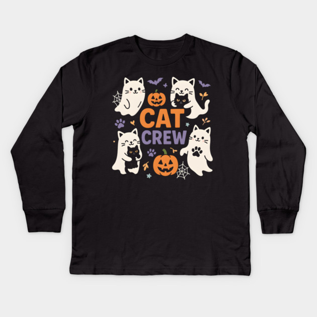 Cat Crew Halloween Ghost Cats Funny Pumpkin Graphic Kids Long Sleeve T-Shirt by MakerMind8.2