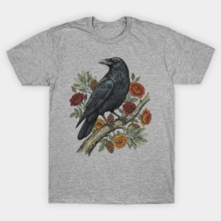 Raven Perched On Floral Branch Nature Art T-Shirt