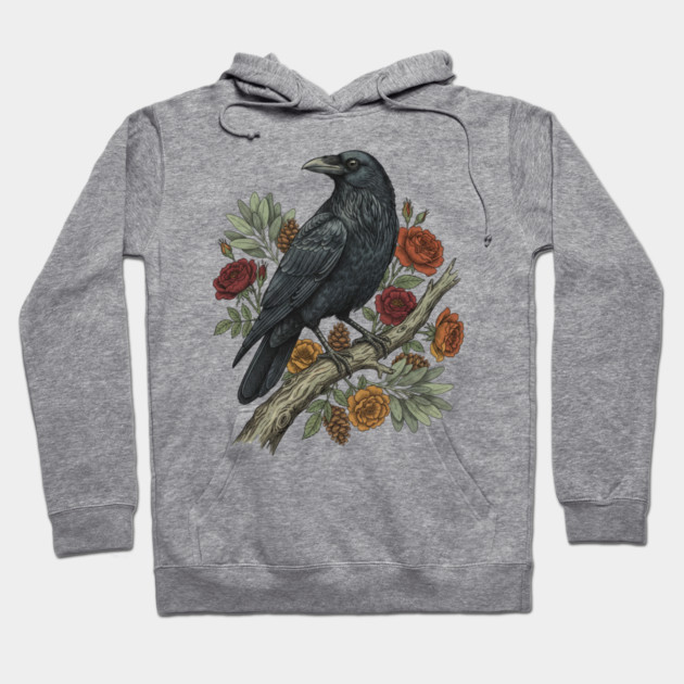 Raven Perched On Floral Branch Nature Art Hoodie by BirdsnStuff