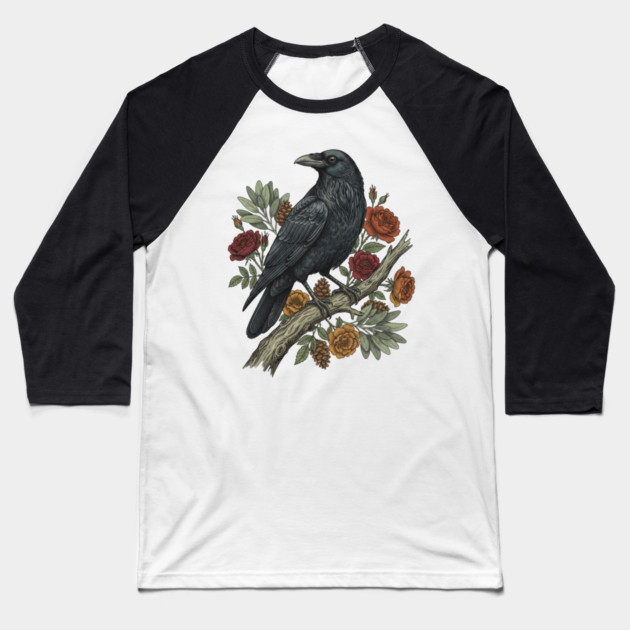 Raven Perched On Floral Branch Nature Art Baseball T-Shirt by BirdsnStuff