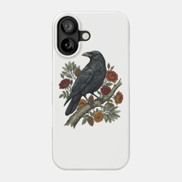 Raven Perched On Floral Branch Nature Art Phone Case by BirdsnStuff
