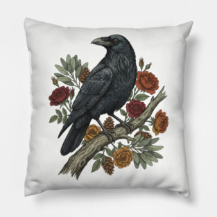 Raven Perched On Floral Branch Nature Art Pillow