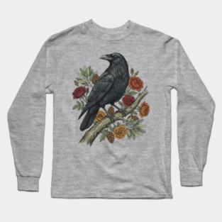Raven Perched On Floral Branch Nature Art Long Sleeve T-Shirt