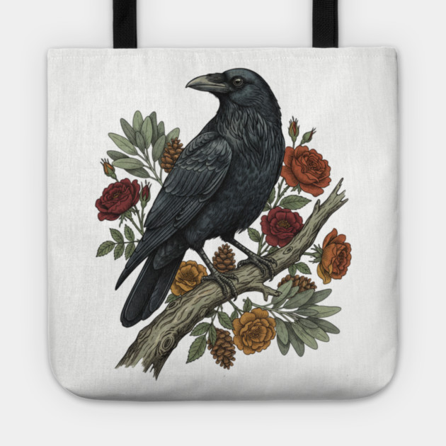 Raven Perched On Floral Branch Nature Art Tote by BirdsnStuff