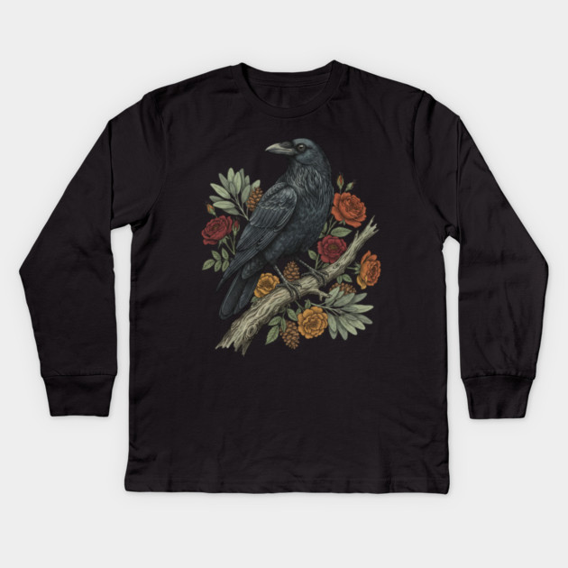 Raven Perched On Floral Branch Nature Art Kids Long Sleeve T-Shirt by BirdsnStuff
