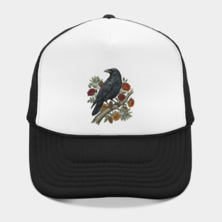Raven Perched On Floral Branch Nature Art Hat
