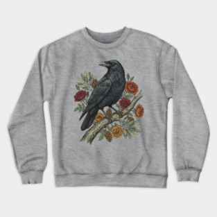Raven Perched On Floral Branch Nature Art Crewneck Sweatshirt
