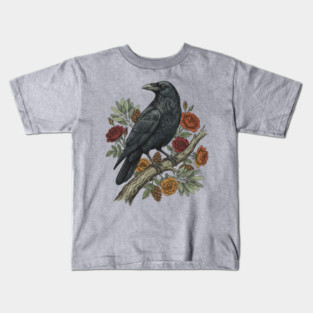 Raven Perched On Floral Branch Nature Art Kids T-Shirt