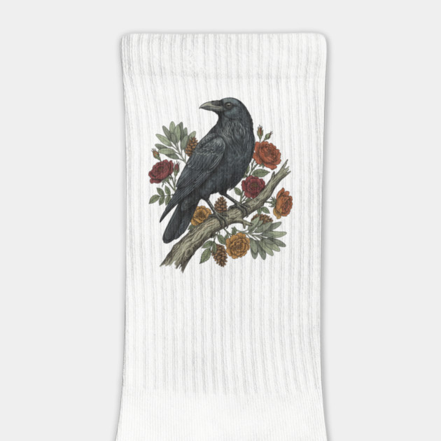 Raven Perched On Floral Branch Nature Art by BirdsnStuff