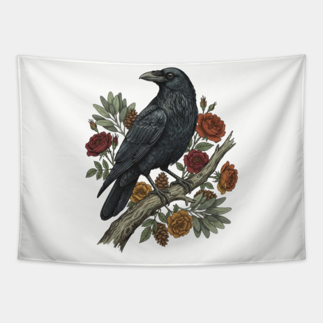 Raven Perched On Floral Branch Nature Art Tapestry by BirdsnStuff