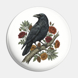 Raven Perched On Floral Branch Nature Art Pin