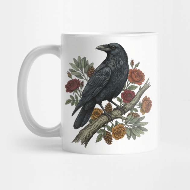 Raven Perched On Floral Branch Nature Art by BirdsnStuff