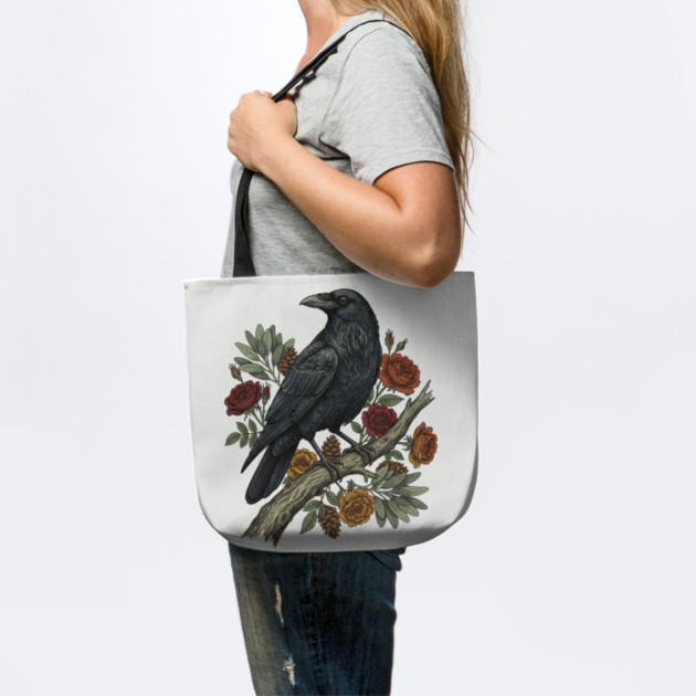 Raven Perched On Floral Branch Nature Art by BirdsnStuff