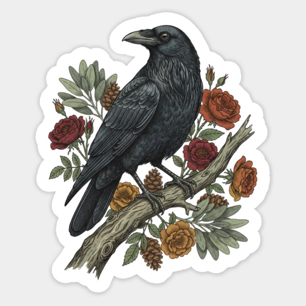 Raven Perched On Floral Branch Nature Art Magnet by BirdsnStuff