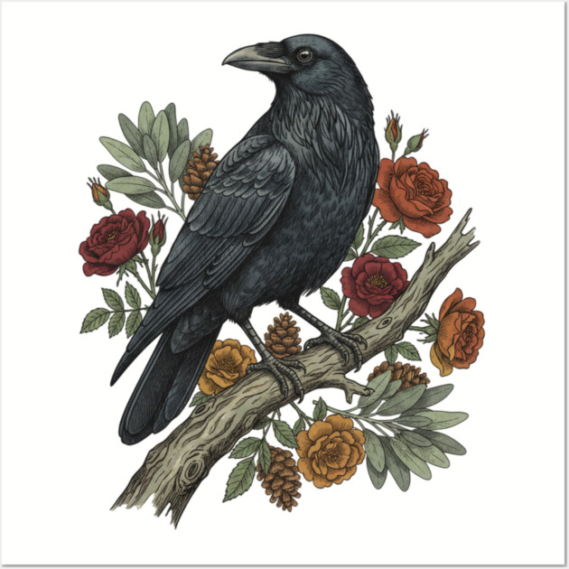 Raven Perched On Floral Branch Nature Art Wall Art by BirdsnStuff