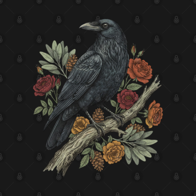 Raven Perched On Floral Branch Nature Art by BirdsnStuff