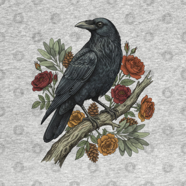Raven Perched On Floral Branch Nature Art by BirdsnStuff