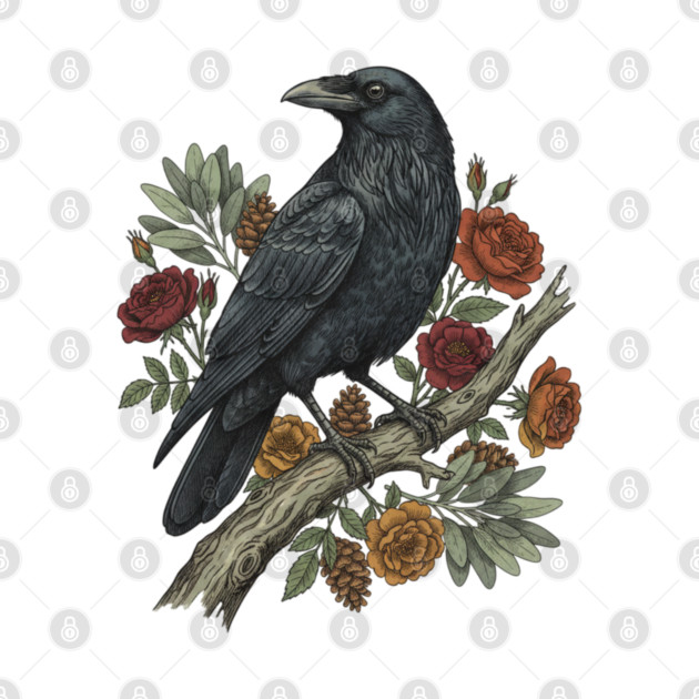 Raven Perched On Floral Branch Nature Art by BirdsnStuff