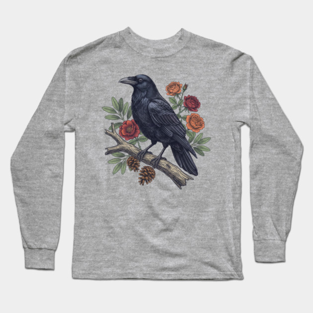Mysterious Raven Nature Gothic Aesthetic Long Sleeve T-Shirt by BirdsnStuff