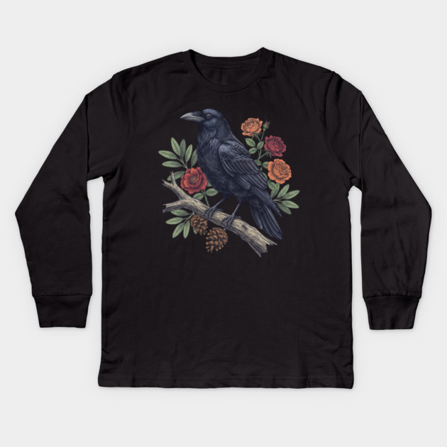Mysterious Raven Nature Gothic Aesthetic Kids Long Sleeve T-Shirt by BirdsnStuff