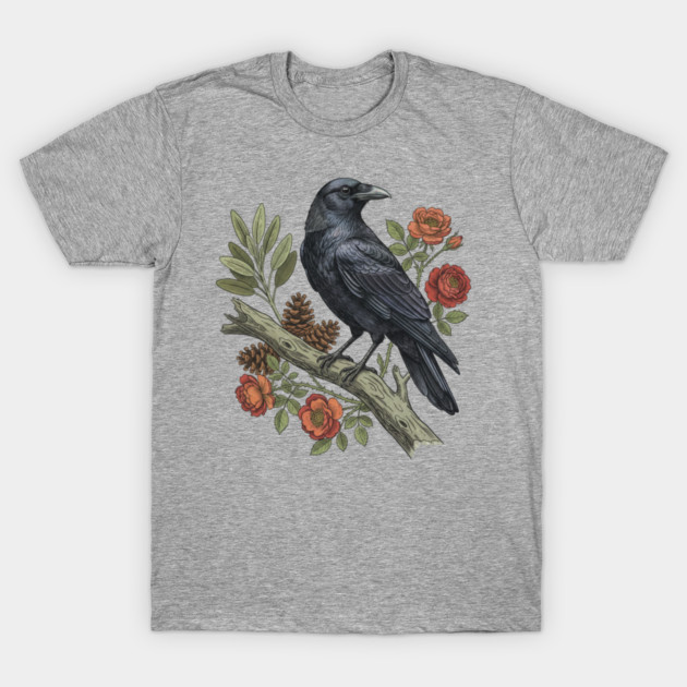 Majestic Gothic Raven Perched On Branch Bird Art T-Shirt by BirdsnStuff