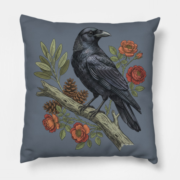 Majestic Gothic Raven Perched On Branch Bird Art Pillow by BirdsnStuff