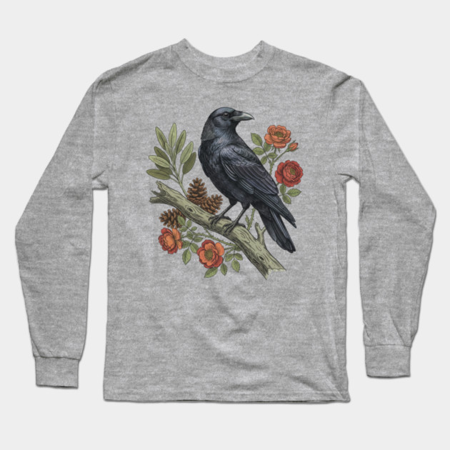 Majestic Gothic Raven Perched On Branch Bird Art Long Sleeve T-Shirt by BirdsnStuff