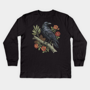 Majestic Gothic Raven Perched On Branch Bird Art Kids Long Sleeve T-Shirt