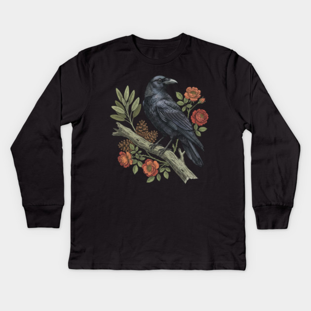 Majestic Gothic Raven Perched On Branch Bird Art Kids Long Sleeve T-Shirt by BirdsnStuff