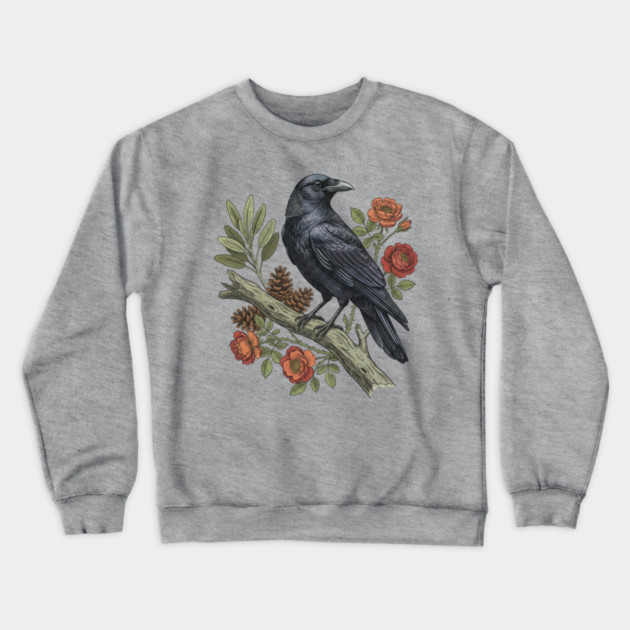 Majestic Gothic Raven Perched On Branch Bird Art Crewneck Sweatshirt by BirdsnStuff