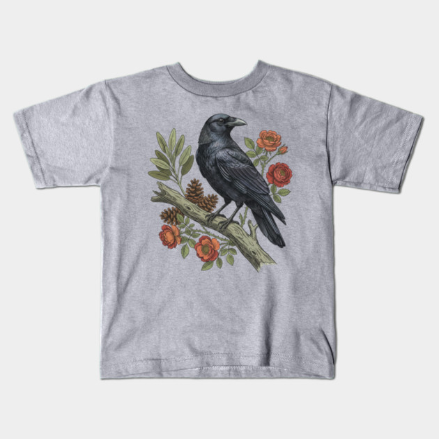 Majestic Gothic Raven Perched On Branch Bird Art Kids T-Shirt by BirdsnStuff