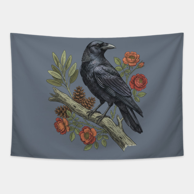 Majestic Gothic Raven Perched On Branch Bird Art Tapestry by BirdsnStuff